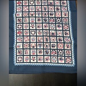 Rectangle Scarf 42”x13” Red White Blue Colonial American Style Floral Birds Dogs